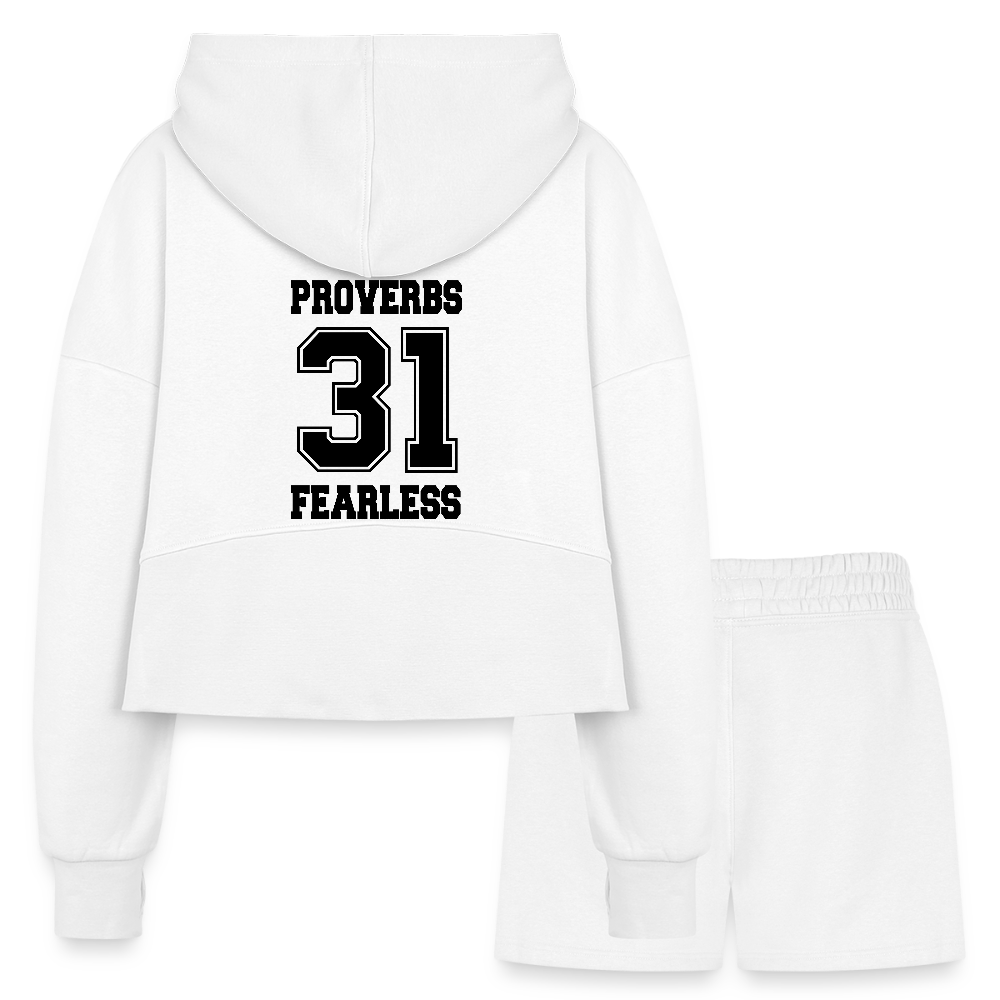 Proverbs 31 Women’s Christian Cropped Hoodie & Jogger Short Set Outfit - white