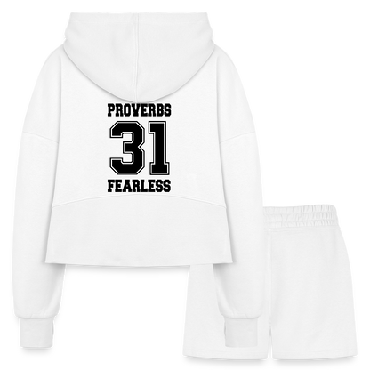 Proverbs 31 Women’s Christian Cropped Hoodie & Jogger Short Set Outfit - white