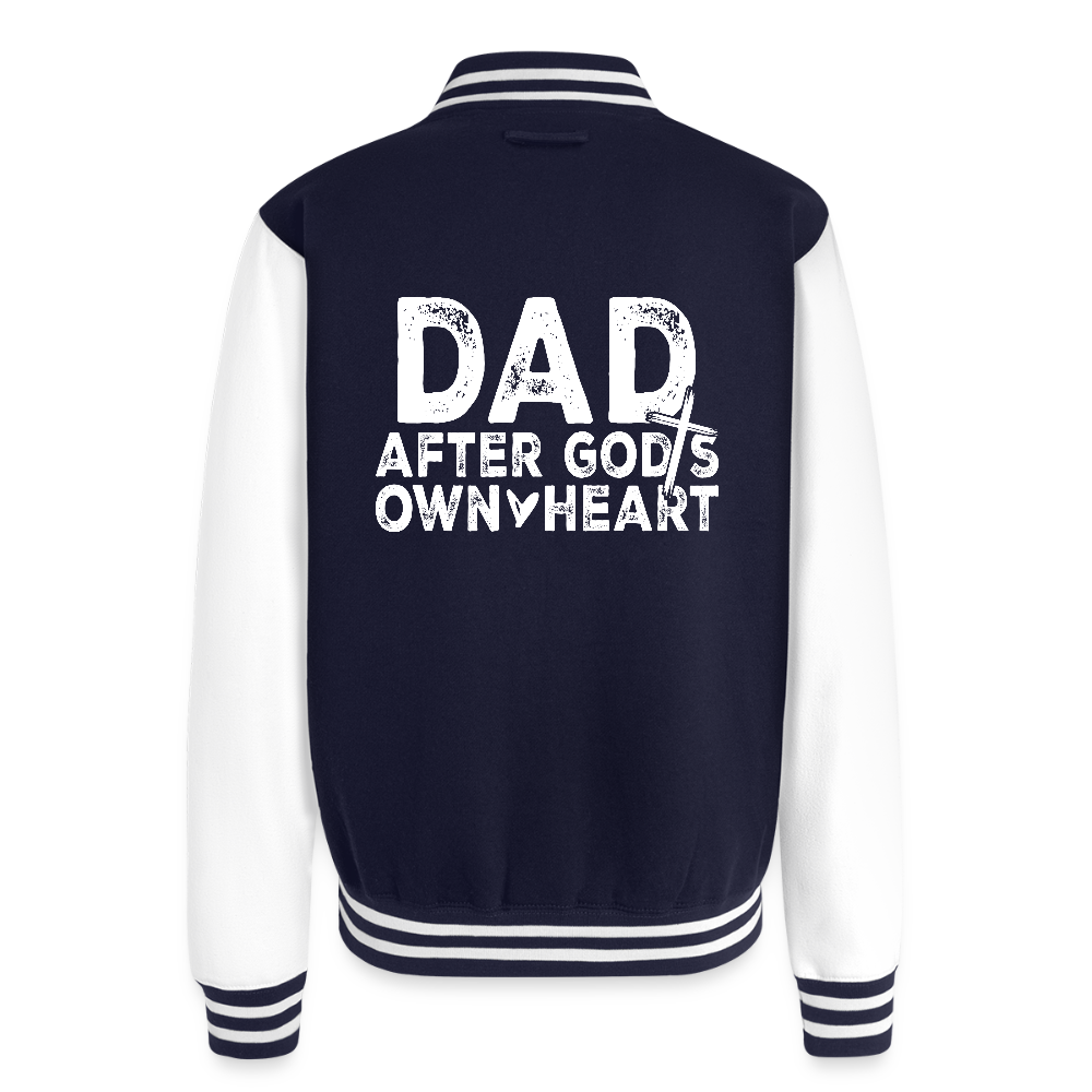 Dad After His Own Heart Men's Christian Heavyweight Letterman Jacket - navy/white