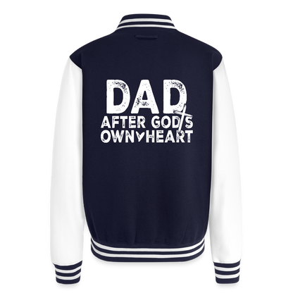 Dad After His Own Heart Men's Christian Heavyweight Letterman Jacket - navy/white