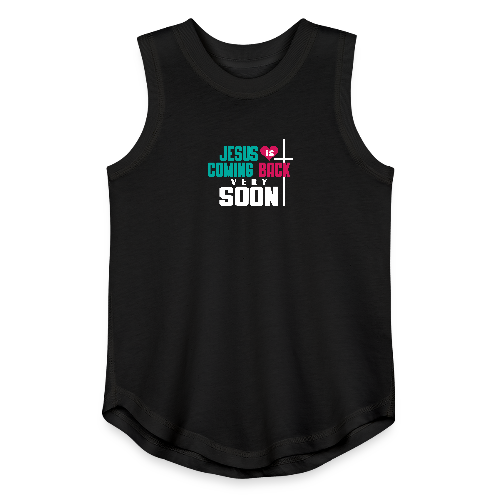 Youth Girls Christian Tank Top – “He Is Coming Back Very Soon” Design - black