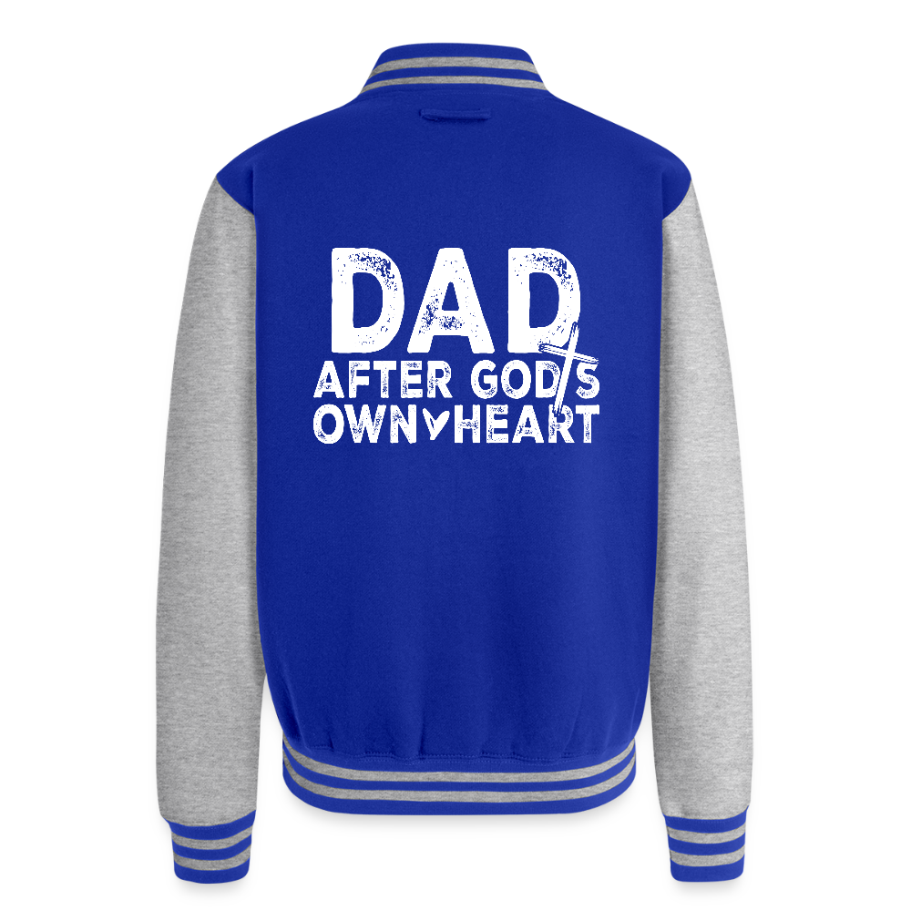 Dad After His Own Heart Men's Christian Heavyweight Letterman Jacket - royal/heather grey