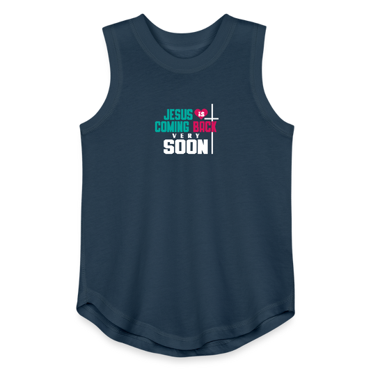 Youth Girls Christian Tank Top – “He Is Coming Back Very Soon” Design - denim