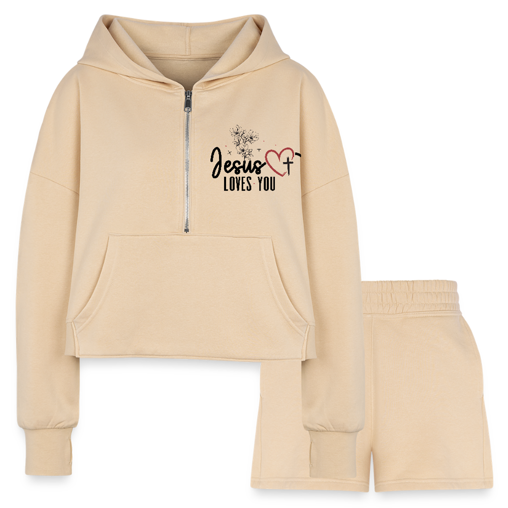 He Loves You Women’s Christian Cropped Hoodie & Jogger Short Set - nude