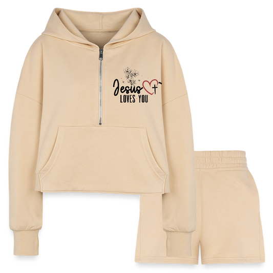 He Loves You Women’s Christian Cropped Hoodie & Jogger Short Set - nude