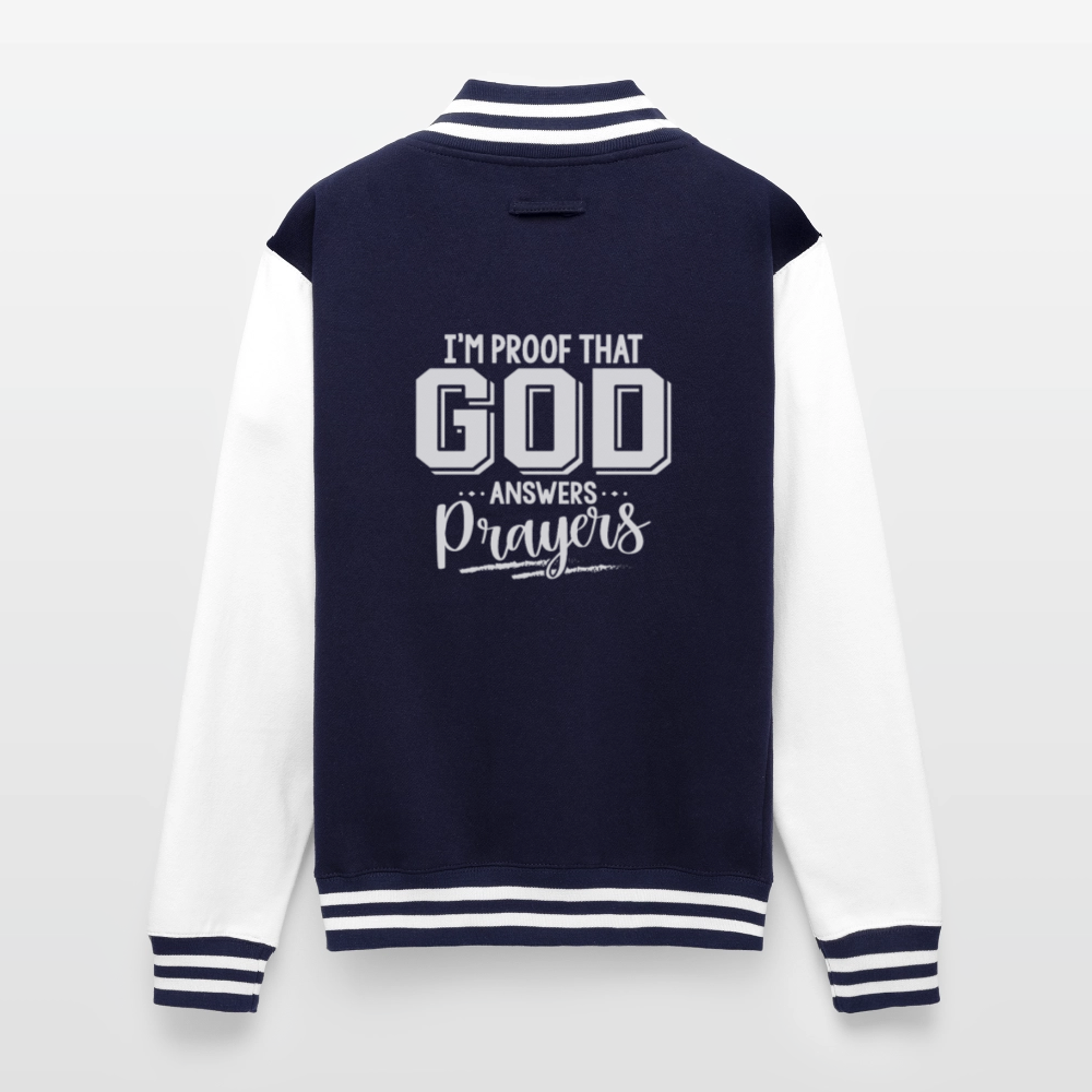 I'm Proof That He Answers Prayers Men's Christian Heavyweight Letterman Jacket - navy/white