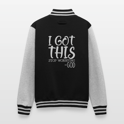 Stop Worrying Men's Christian Heavyweight Letterman Jacket - black/heather grey