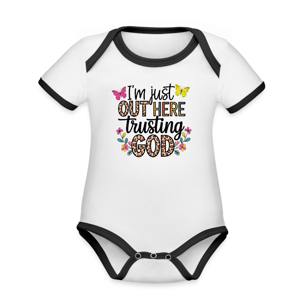 I'm Just Out Here Christian Organic Contrast Short Sleeve Baby Onesie - white/black