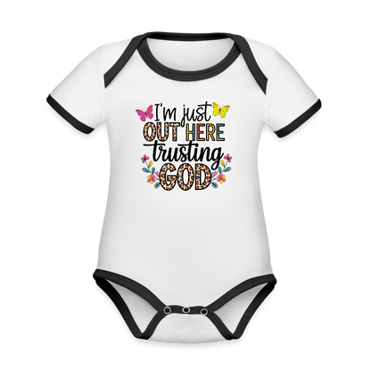 I'm Just Out Here Christian Organic Contrast Short Sleeve Baby Onesie - white/black