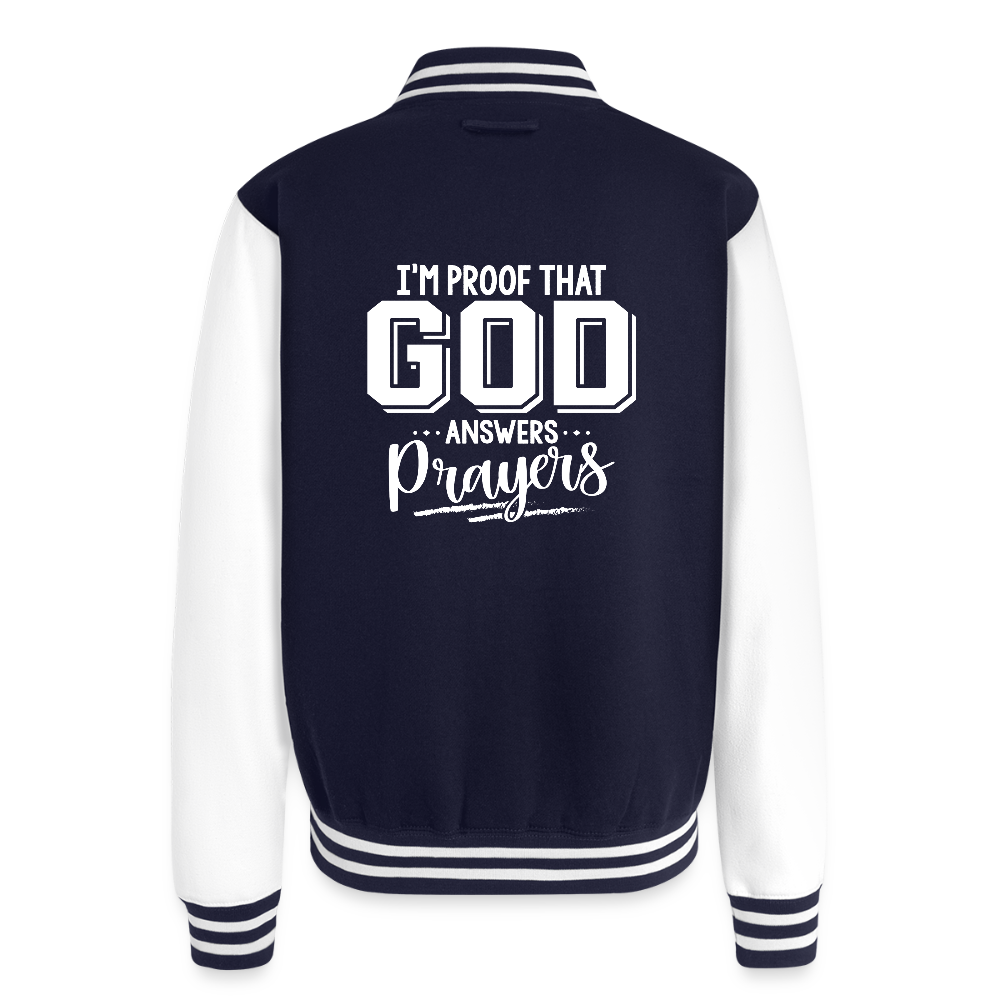 I'm Proof That He Answers Prayers Men's Christian Heavyweight Letterman Jacket - navy/white