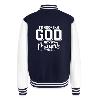 I'm Proof That He Answers Prayers Men's Christian Heavyweight Letterman Jacket - navy/white