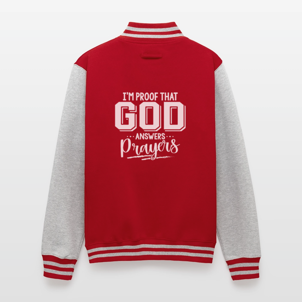 I'm Proof That He Answers Prayers Men's Christian Heavyweight Letterman Jacket - red/heather grey