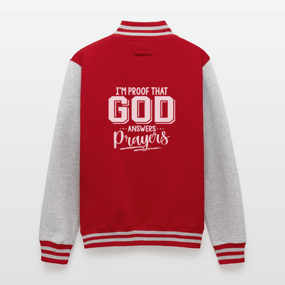 I'm Proof That He Answers Prayers Men's Christian Heavyweight Letterman Jacket - red/heather grey