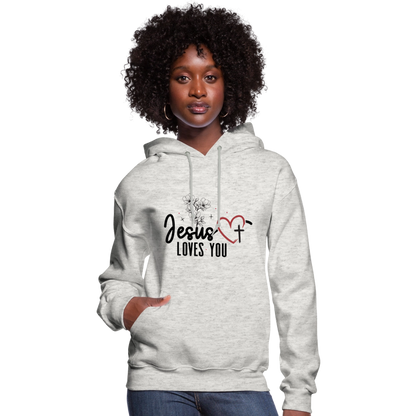 He Loves You Women's Christian Hooded Pullover Sweatshirt - heather oatmeal