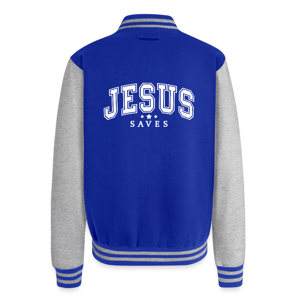 He Saves Men's Christian Heavyweight Letterman Jacket - royal/heather grey