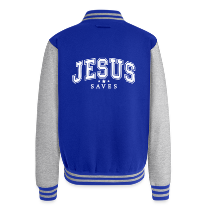 He Saves Men's Christian Heavyweight Letterman Jacket - royal/heather grey