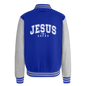 He Saves Men's Christian Heavyweight Letterman Jacket - royal/heather grey