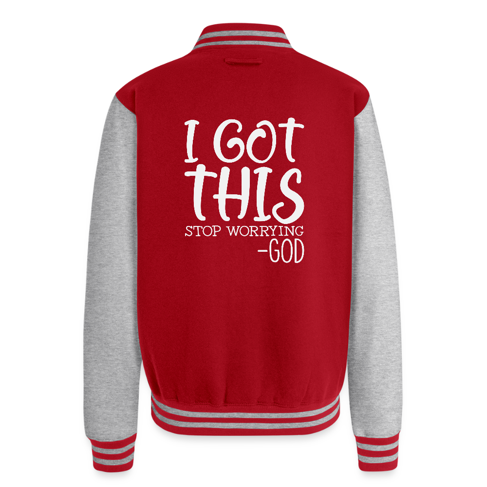 Stop Worrying Men's Christian Heavyweight Letterman Jacket - red/heather grey