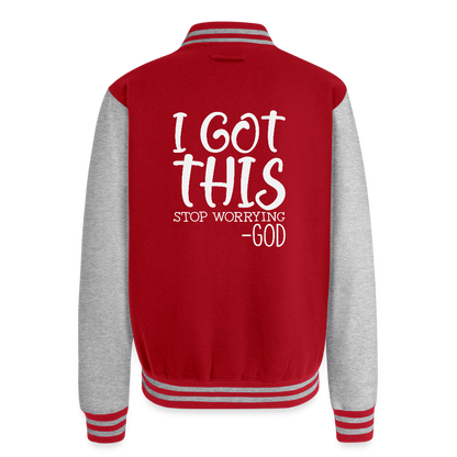 Stop Worrying Men's Christian Heavyweight Letterman Jacket - red/heather grey