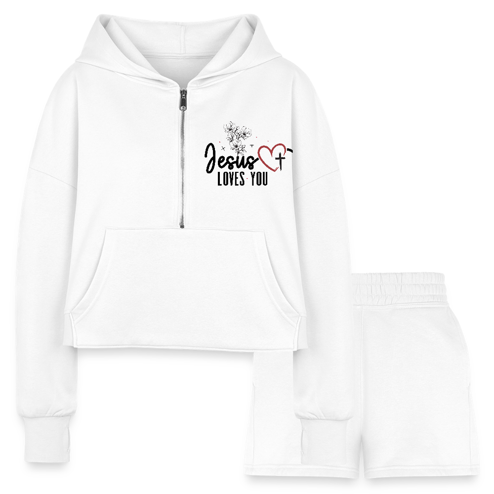 He Loves You Women’s Christian Cropped Hoodie & Jogger Short Set - white