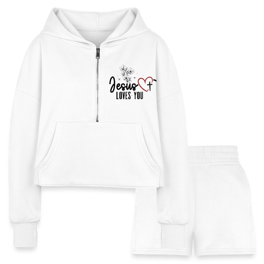 He Loves You Women’s Christian Cropped Hoodie & Jogger Short Set - ClaimedbyGodDesigns