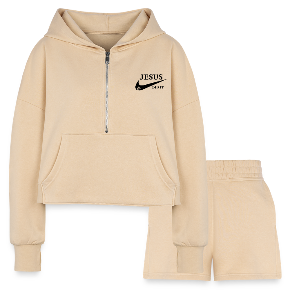 He Did It Women’s Christian Cropped Hoodie & Jogger Short Set Outfit - nude