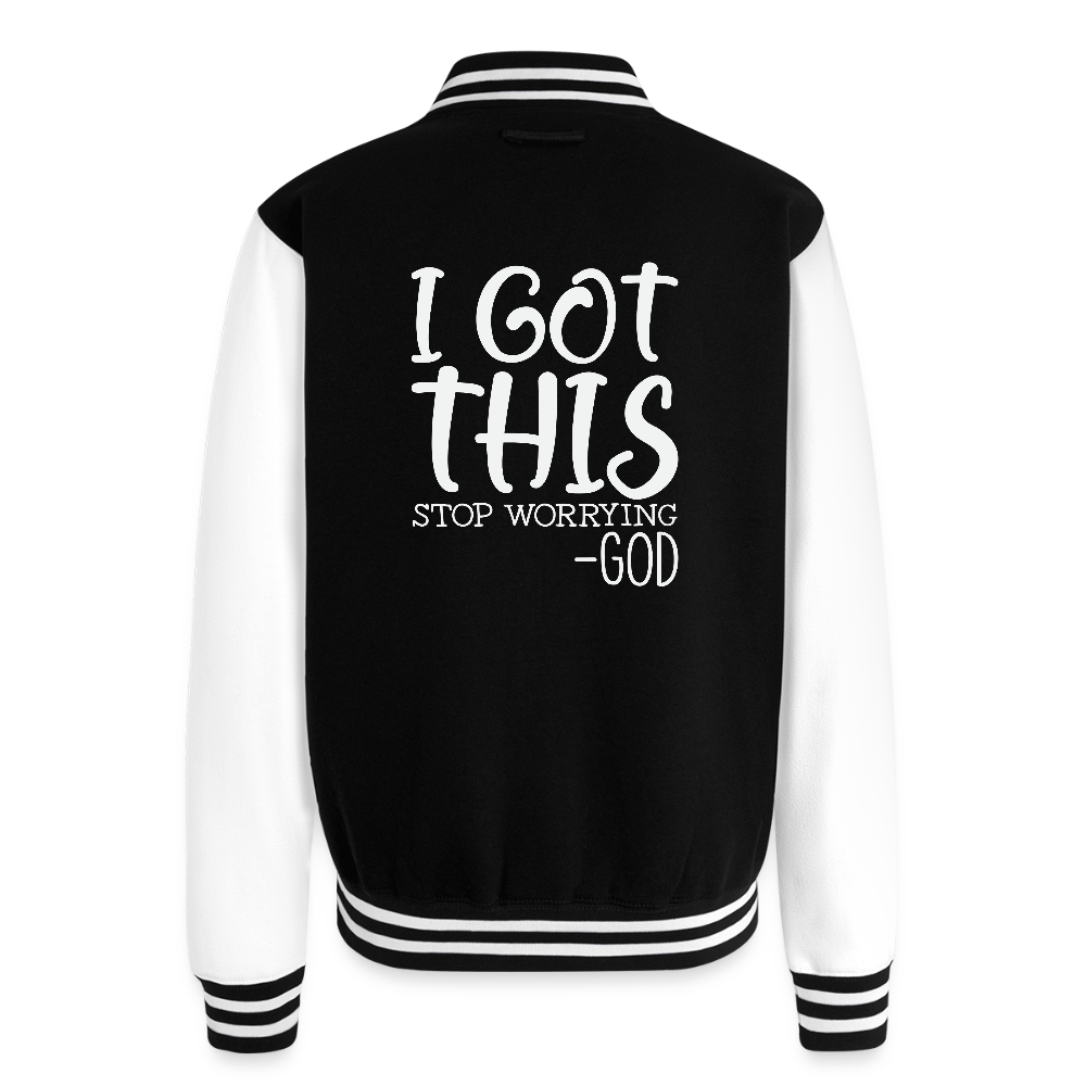 Stop Worrying Men's Christian Heavyweight Letterman Jacket - black/white