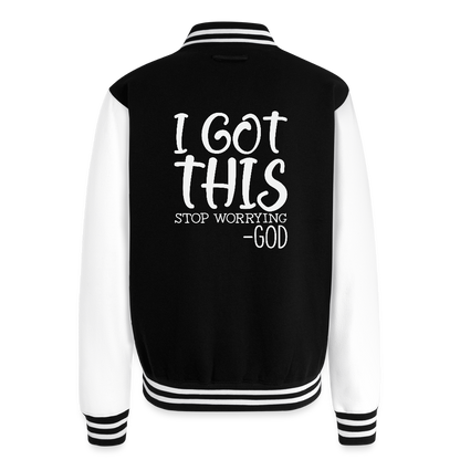 Stop Worrying Men's Christian Heavyweight Letterman Jacket - black/white