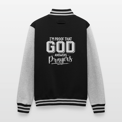 I'm Proof That He Answers Prayers Men's Christian Heavyweight Letterman Jacket - black/heather grey