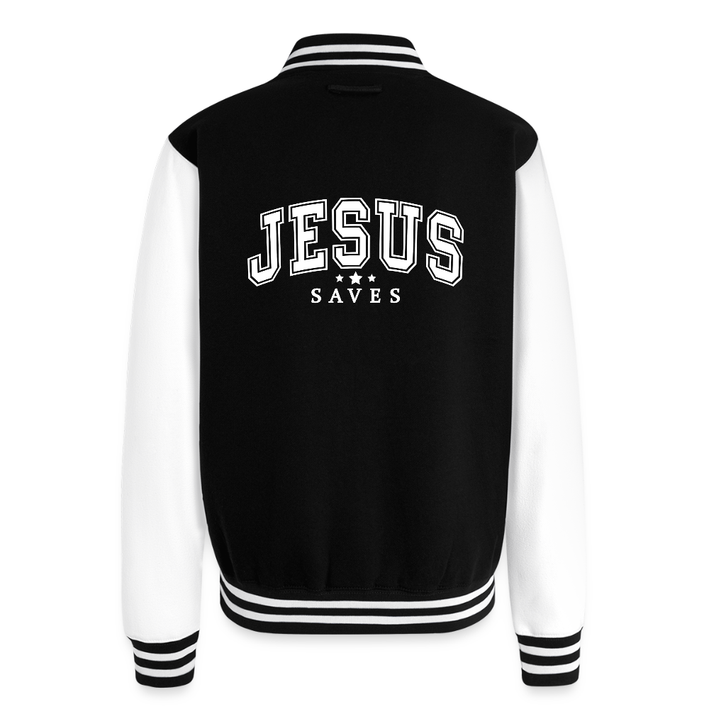 He Saves Men's Christian Heavyweight Letterman Jacket - black/white