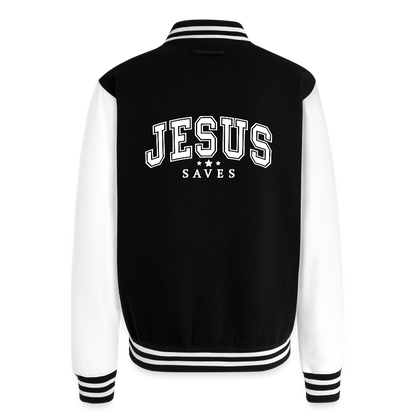 He Saves Men's Christian Heavyweight Letterman Jacket - black/white