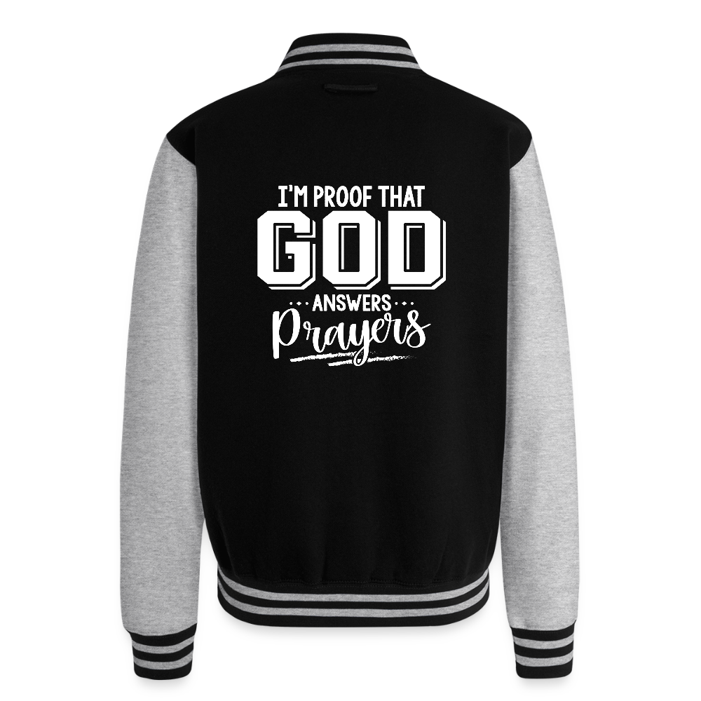 I'm Proof That He Answers Prayers Men's Christian Heavyweight Letterman Jacket - black/heather grey