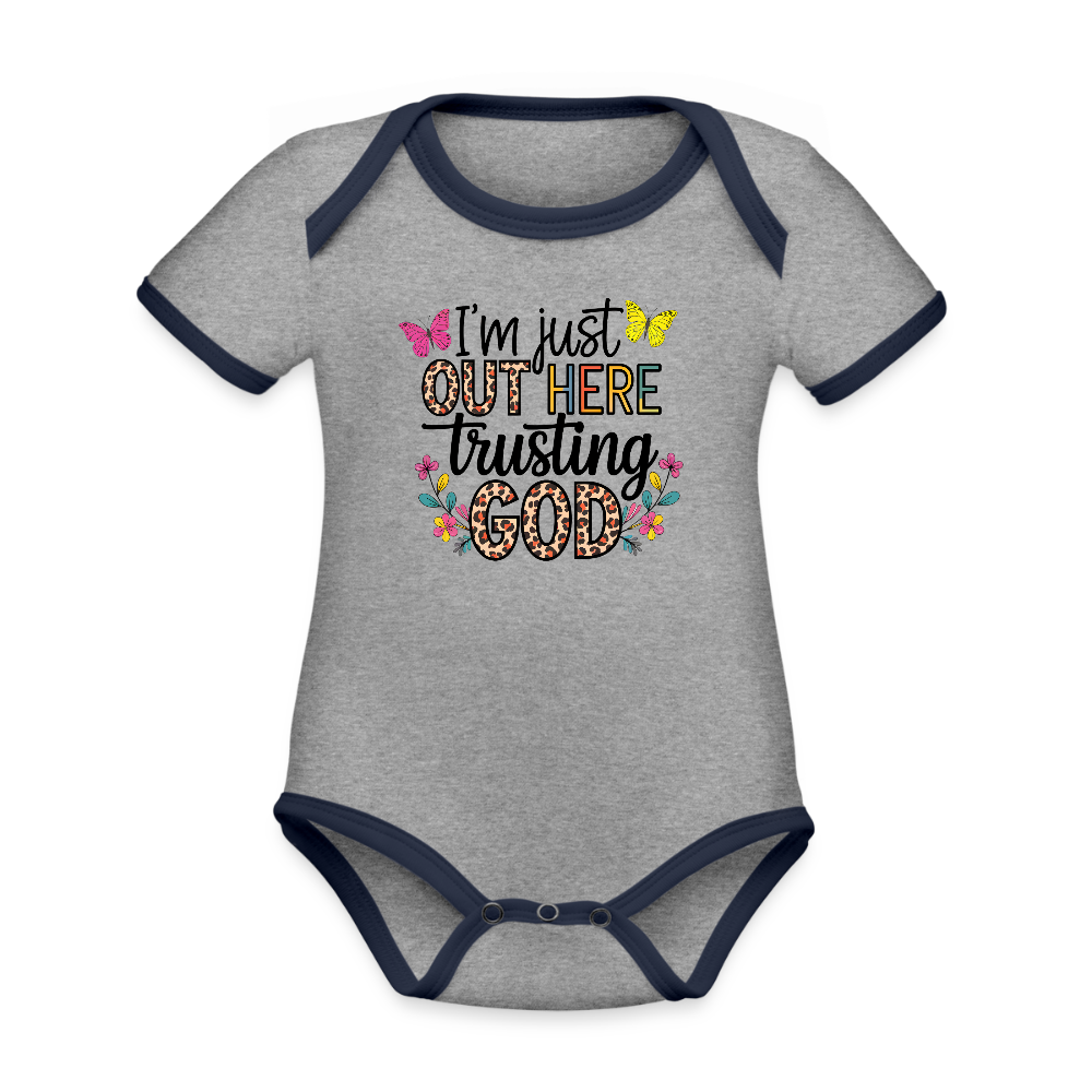 I'm Just Out Here Christian Organic Contrast Short Sleeve Baby Onesie - heather gray/navy