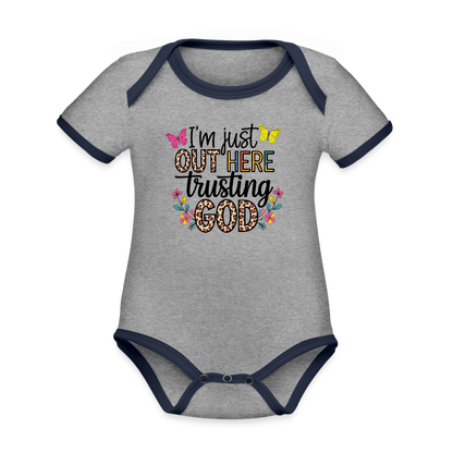 I'm Just Out Here Christian Organic Contrast Short Sleeve Baby Onesie - heather gray/navy