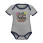 I'm Just Out Here Christian Organic Contrast Short Sleeve Baby Onesie - heather gray/navy