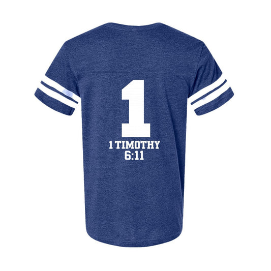 1 Timothy 6:11 Man Of God Men's Christian Football Fine Jersey T-Shirt - ClaimedbyGodDesigns