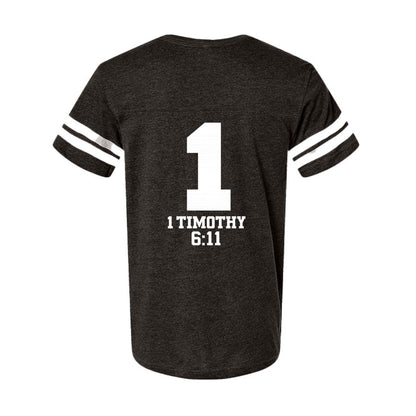 1 Timothy 6:11 Man Of God Men's Christian Football Fine Jersey T-Shirt - ClaimedbyGodDesigns