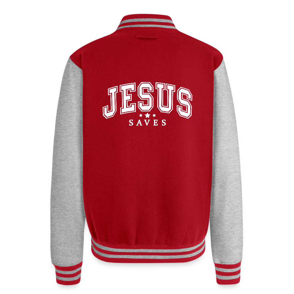 He Saves Men's Christian Heavyweight Letterman Jacket - red/heather grey