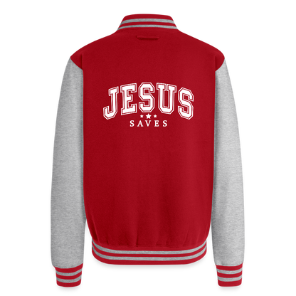 He Saves Men's Christian Heavyweight Letterman Jacket - red/heather grey