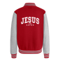 He Saves Men's Christian Heavyweight Letterman Jacket - red/heather grey