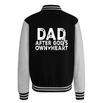 Dad After His Own Heart Men's Christian Heavyweight Letterman Jacket - black/heather grey