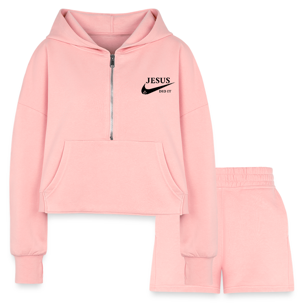 He Did It Women’s Christian Cropped Hoodie & Jogger Short Set Outfit - light pink