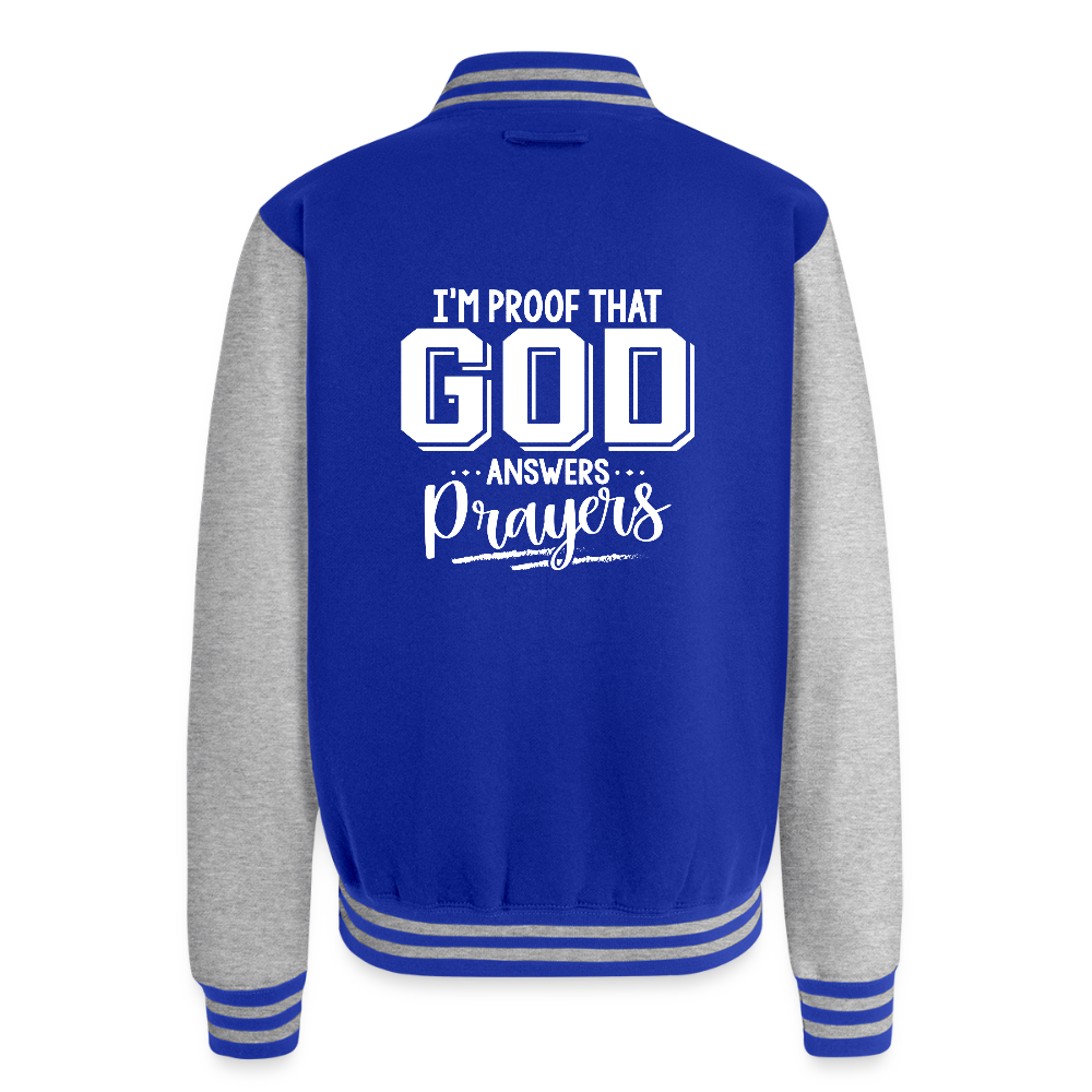 I'm Proof That He Answers Prayers Men's Christian Heavyweight Letterman Jacket - royal/heather grey