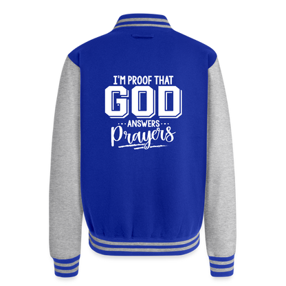 I'm Proof That He Answers Prayers Men's Christian Heavyweight Letterman Jacket - royal/heather grey