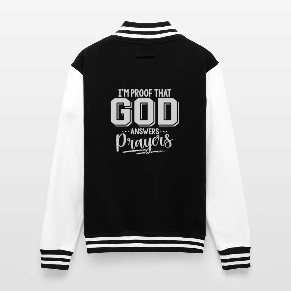 I'm Proof That He Answers Prayers Men's Christian Heavyweight Letterman Jacket - black/white
