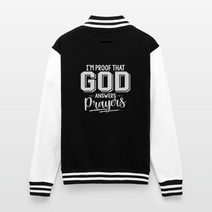 I'm Proof That He Answers Prayers Men's Christian Heavyweight Letterman Jacket - black/white