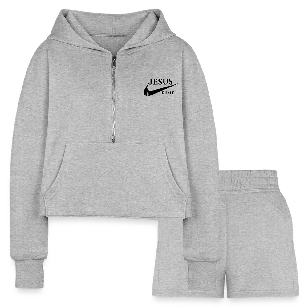 He Did It Women’s Christian Cropped Hoodie & Jogger Short Set Outfit - heather gray