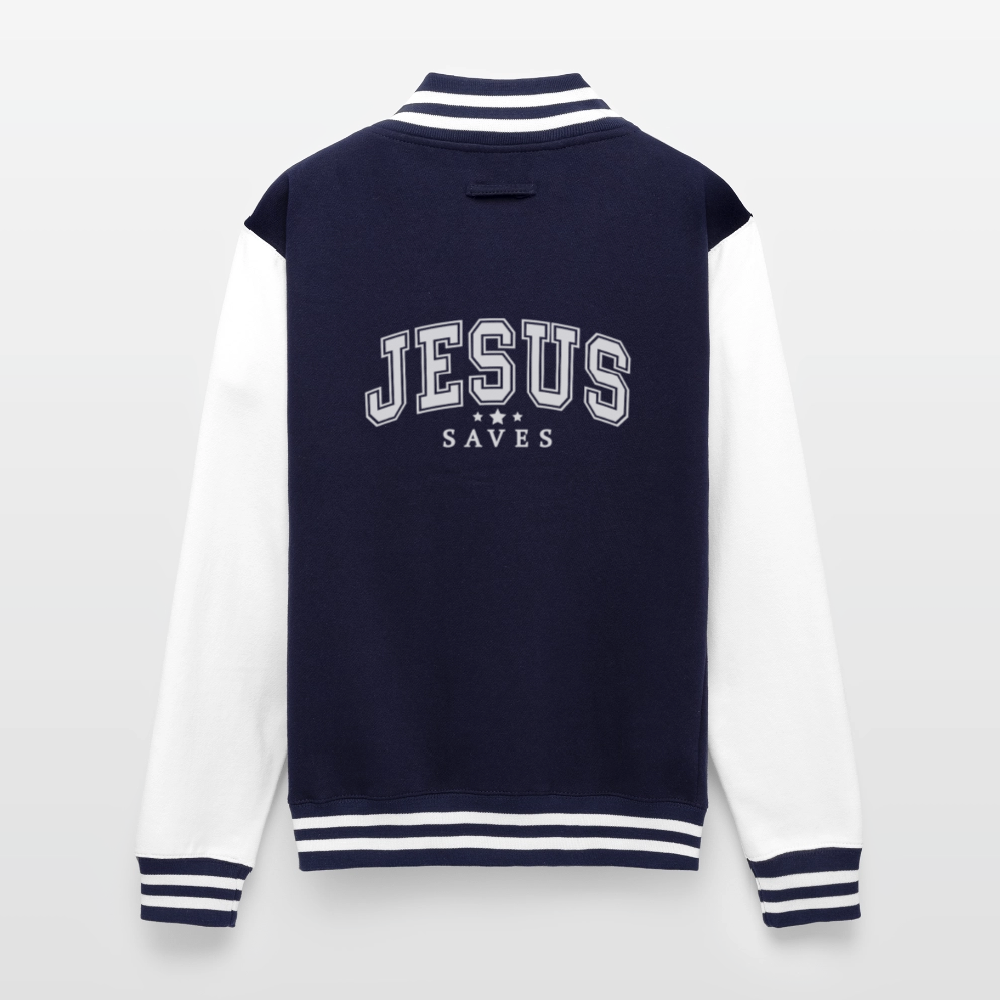 He Saves Men's Christian Heavyweight Letterman Jacket - navy/white