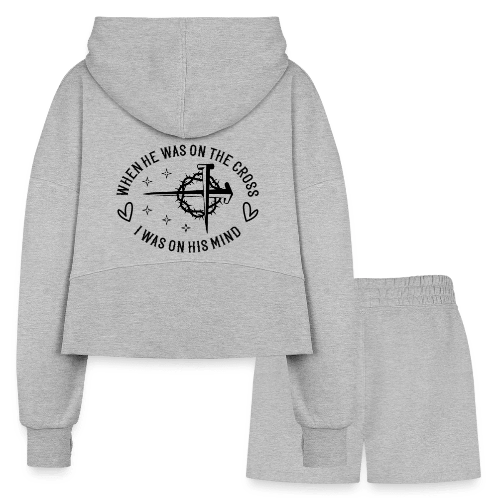 When He Was On The Cross Women's Christian Cropped Hoodie & Jogger Short Set - ClaimedbyGodDesigns