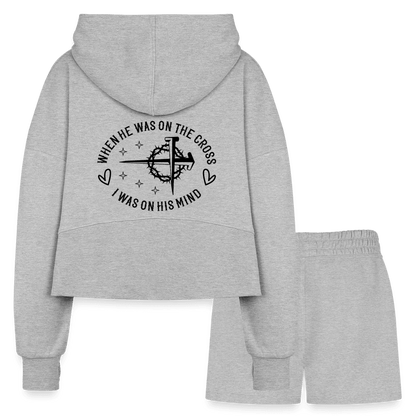 When He Was On The Cross Women's Christian Cropped Hoodie & Jogger Short Set - ClaimedbyGodDesigns